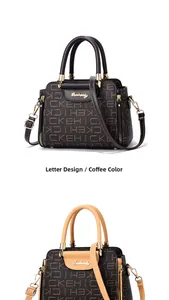 Detail of coffee color leather handbags with repeating letter prints and gold logo