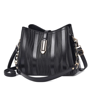Chic black bucket bag with textured wave pattern and golden clasp for women