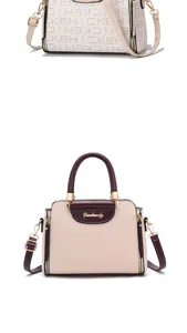 Detail of khaki letter-print handbag and beige tote with burgundy leather trim