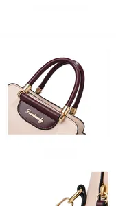 Detail view of the contrast color handbag featuring rounded handles and metal Danbaoly logo