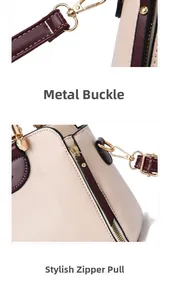Detail of golden hardware hook and stylish zipper head on color-block leather handbag