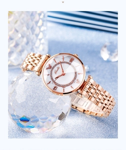 Detail of rose gold ladies watch with Roman numerals and diamond-encrusted dial