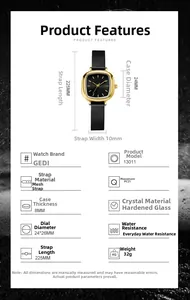 Macro detail of the GEDI 13011 black mesh watch with dimensions and technical specs