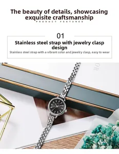 Gros plan d'une montre à quartz pour femme avec cadran noir et bracelet en maille d'acier
