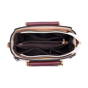 Beige and wine red patchwork shoulder bag with spacious multi-compartment interior