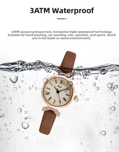 Close-up of Gedi quartz watch underwater with bubbles highlighting 3ATM waterproof feature