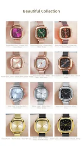 Detailed grid of GEDI women's square quartz watches with colorful dials and mesh bands