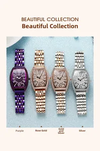 Quattro orologi al quarzo tonneau di lusso con strass in viola, oro e tonalità argento