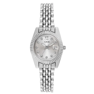 Orologio GEDI da donna elegante in acciaio argento con indici in cristallo e datario