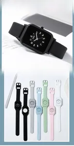 Macro shot of colorful square quartz watches with soft silicone straps and clear dial
