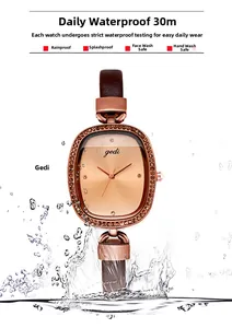 Detail showing rose gold rhinestone watch splashing in water with 30m waterproof feature