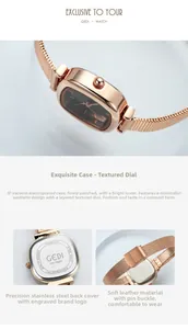 Detail of rose gold tonneau watch with mesh strap and stainless steel case back