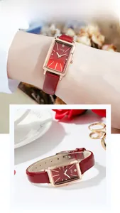 Détails de la montre vintage GEDI à cadran rectangulaire rouge et bracelet en cuir