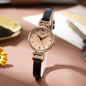 Orologio vintage da donna al quarzo con cinturino sottile in pelle nera e ghiera oro rosa