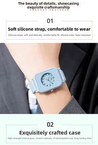 Detail showing soft blue silicone strap and scratch-resistant square mineral glass watch
