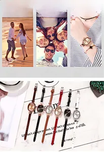 Collage showing a rectangular women's watch with crystal bezel and colorful leather straps