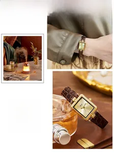 Dettaglio di un orologio da donna quadrato dorato con cinturino in pelle marrone