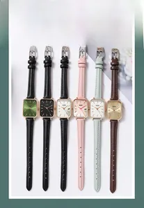 Six colors of elegant square quartz watches with slim leather straps and gold cases