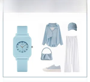 Sky blue square quartz watch paired with casual OOTD outfit and soft silicone strap