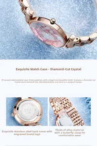Detail of rose gold ladies watch featuring diamond cut glass and butterfly buckle