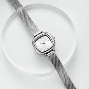 Minimalist silver square quartz watch with a stainless steel mesh strap for women