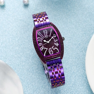 Orologio tonneau di lusso per donna con cristalli viola e cinturino in acciaio