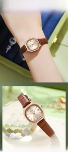 Close-up of Gedi women's rose gold square watch with brown leather strap and date display