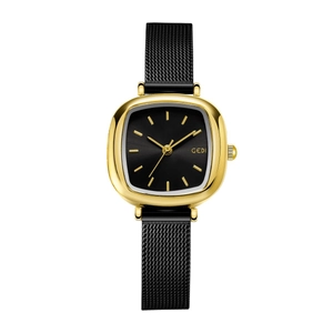 Elegant gold square quartz watch for women with black mesh strap and minimalist black dial