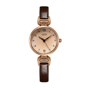 Orologio al quarzo da donna GEDI tondo minimalista con cinturino in pelle marrone e oro
