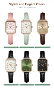 Six minimalist rectangular quartz watches with colorful leather straps and rose gold cases