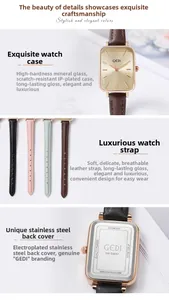 Detail of square quartz watch with rose gold case, leather strap, and stainless steel back