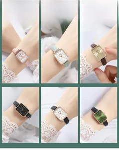 Showcase of six minimalist rectangular quartz watches with leather straps for women