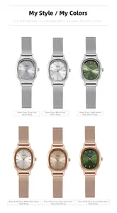 Six oval women watches with mesh bands in silver and rose gold tones and colorful dials