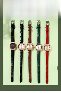 Detailed set of five thin leather strap watches with crocodile texture and gold square cases