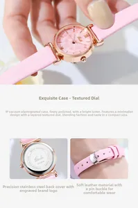 Detailed macro view of Gedi watch featuring pink textured dial and stainless steel back