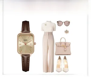Close-up of a women's square quartz watch with rose gold case and brown leather strap