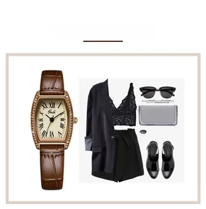 Women's quartz watch with tonneau case and brown crocodile leather strap fashion set