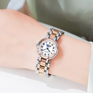 Montre à quartz luxe pour femme avec bracelet en acier bicolore et chiffres romains