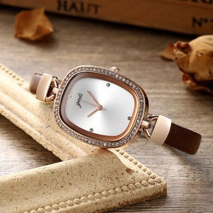 Elegant ladies quartz watch with rose gold rhinestone bezel and brown leather strap