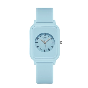 Minimalist square quartz watch in light blue silicone with easy-to-read numeric dial