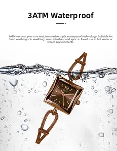 Dames vintage vierkant kwartshorloge met 3ATM waterbestendigheid getoond in opspattend water