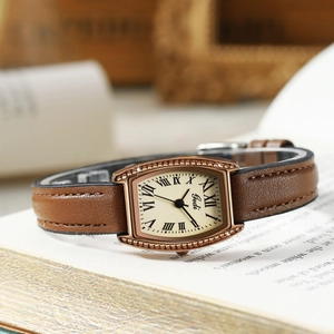 Retro tonneau watch for women with rose gold rhinestone case and brown leather strap