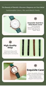 Detail of rose gold square quartz watch with emerald green leather strap and steel back