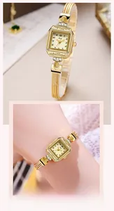Macro detail of gold vintage rectangular watch dial with mesh strap and crystal accents
