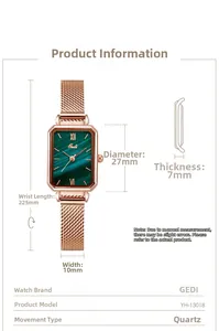 Detailed technical diagram showing dimensions of square quartz watch with malachite dial
