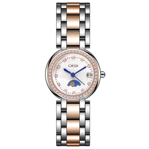 Montre élégante en acier pour femme avec lunette diamants, calendrier et phase de lune