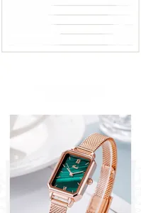 Macro view of rose gold rectangular watch case with malachite dial and roman numerals