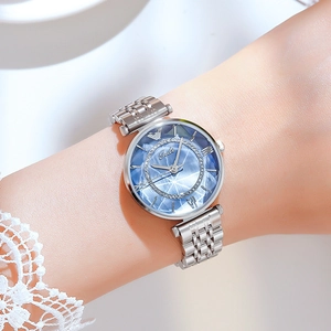 Elegant silver stainless steel ladies watch with blue rhinestone dial and logo