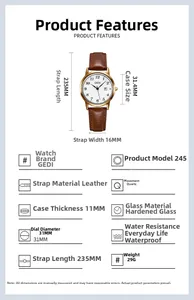 Detailed specs of the vintage round quartz watch with leather strap and gold case
