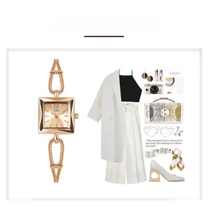 Chique roségouden vierkant kwartshorloge gestyled met elegante zakelijke outfit